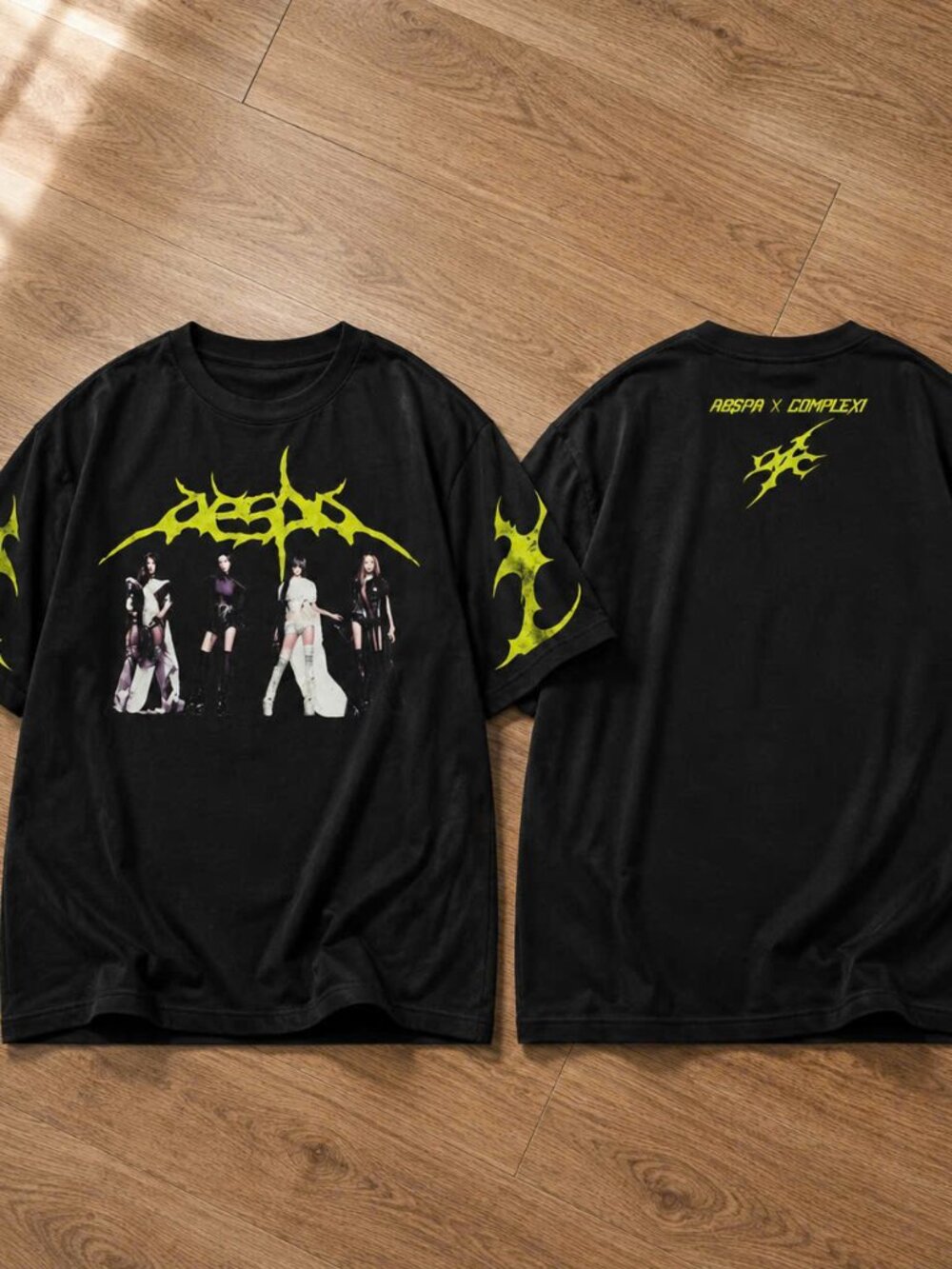 Aespa ComplexCon KPop Neon Acid Tribal Graphic T-Shirt Black